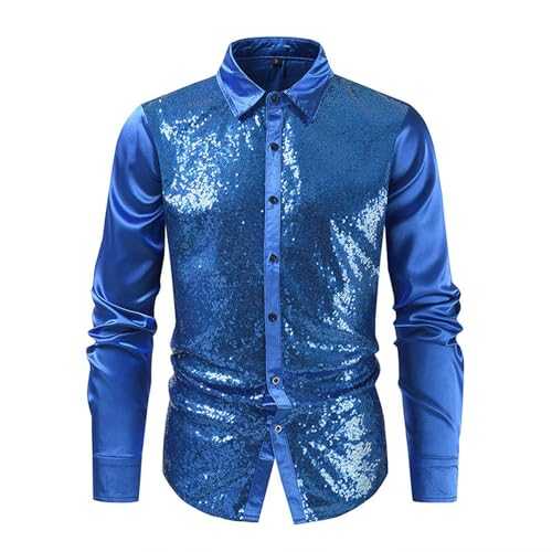 Sequins Disco Shirts for Men Metallic Shiny 70s Stretch Slim Fit Button Down Long Sleeve Party Shirts