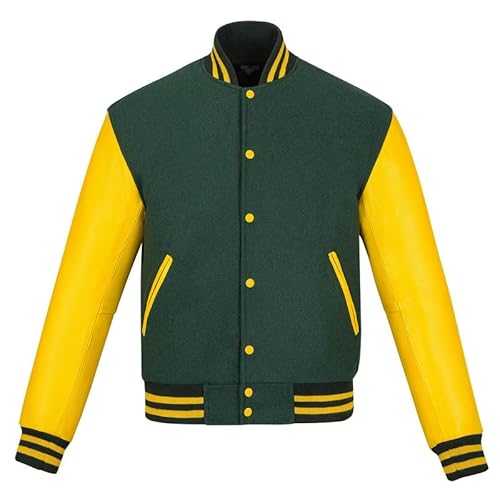 warrior gears Mens Varsity Jackets with Wool Body and Leather Sleeves, Classic Retro Letterman Motorbike Bomber Stripe Style Varsity Jacket Mens, Wool Body & Leather Sleeves