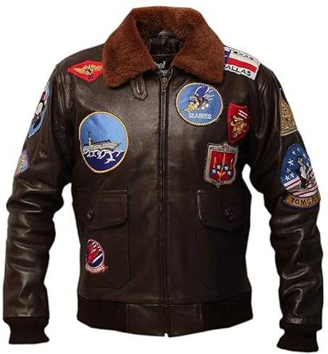 Emart Comfort Men's Top Gun Bomber Leather Jacket - Tom Cruise Men Leather Jacket – WW2 Brown B3 Military Pilot Jacket – USAAF Patches (UK, Alpha, XL, Regular, Regular, Brown)