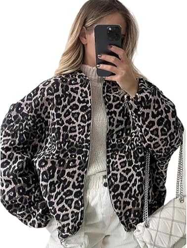 Women's Leopard Print Coat 2024 Fall Winter Zipper Drawstring Jacket Long Sleeve Comfortable Casual Basic Lapel Zipper Jacket