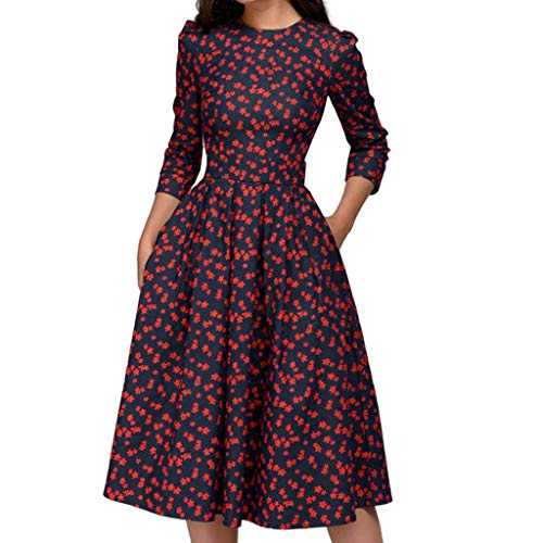 Skang midi Dresses for Women UK Elegant Sleeves Evening Floral Dress Women's 3/4 Vintage Dress Midi Women's Dress Swing Dresses