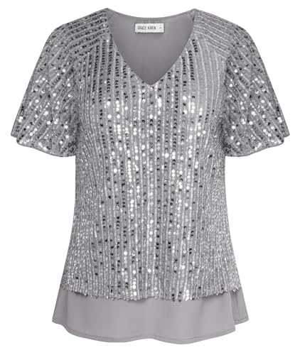 GRACE KARIN Women's Glitter Sequin Blouse Elegant V Neck Short Sleeve Party Tank Top Festival Sparkling Top