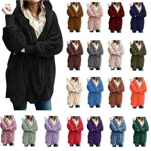 RLEHJN Teddy Fleece Jacket Women Clearance Winter Fluffy Coat Plain Cozy Fuzzy Sherpa Hoodie Front Open Warm Plush Cardigan Ladies Jumper Solid Color Hooded Overcoat with Pockets Plus Size S-5XL