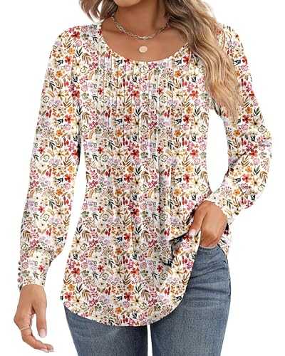 Cuptacc Long Sleeve Women's Pleated Crew Neck Puff Sleeves with Buttons Loose Long Shirt Women's Elegant Tops