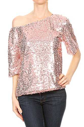 Anna-Kaci Womens Short Sleeve One Shoulder Sexy Sequin Top Blouse