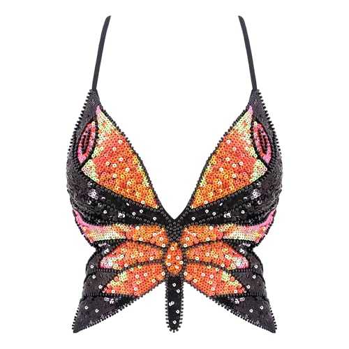 Monanoat Women’s Sexy Butterfly Shape Sequin Crop Top Bandage Lace up Tank Top Belly Dance Top Costume Outfits