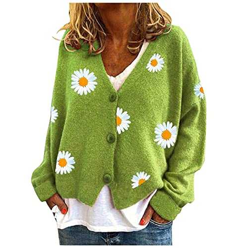 HULKAY Women's Floral Print Long Sleeve V-Neck Sweaters Button Down Ribbed Cuffs Knit Cropped Cardigan Sweater