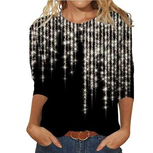 Generic Ladies Plus Size Sequin Print Glitter Tops 3/4 Sleeve Crew Neck Sparkly Glitter Pullover Stylish Casual Holiday Club Party Tunic Blouses