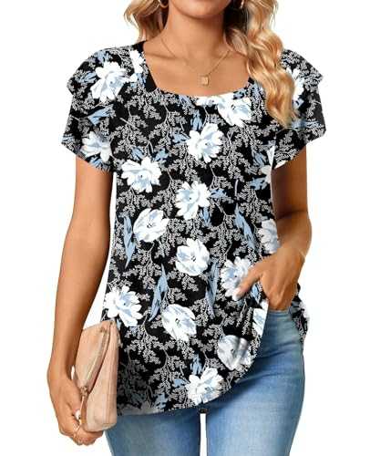 TAOHUADAO Womens Tops Casual Square Neck Double Ruffle Short Sleeve Tunic T-Shirts for Women M-XXL