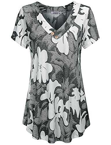 MOQIVGI Women's V Neck Short Sleeve Floral Print Blouse Tops Fashion Casual Tunic Shirts