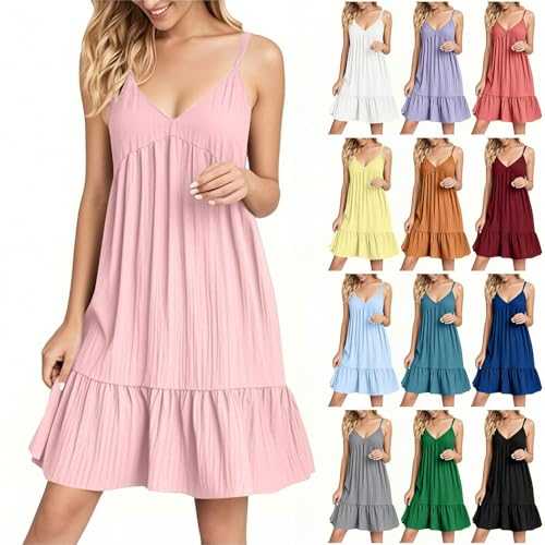 Womens Spaghetti Strap Dress, Tiered Dress A-Line Dresses Pleated Dresses Ribbed Sundresses Low-Cut V Neck Sundresses Sleeveless Sundress Solid Color Midi Sundress Summer Vocation Beachwear