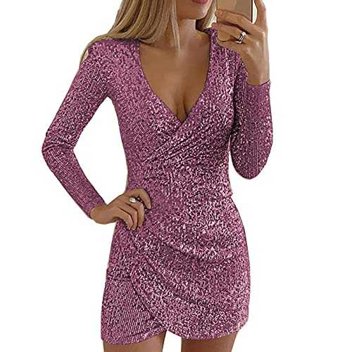 Cantissa Women's Fashion Sexy Solid Color Long Sleeve Short Sleeve Sheath Mini Dress Shiny Ladies Short Skirt Sequin Cocktail Party Birthday Christmas Halloween Deep V Long Sleeve Mini Skirt