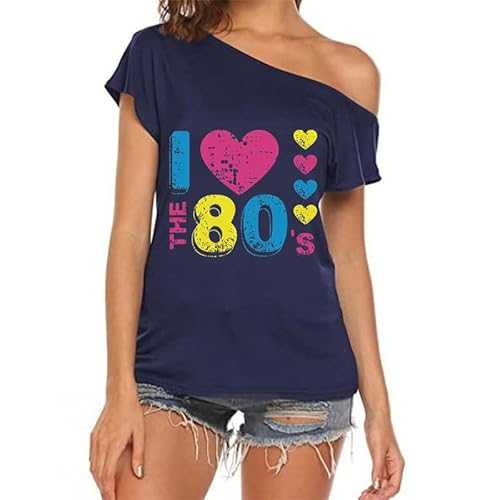 festival outfit women 80's Retro T Shirt for Women,Vintage 80s Off Shoulder Novelty T-Shirts Asymmetric Neon Festival Women's 80s Fancy Dress