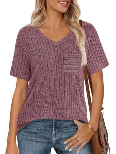 MEROKEETY Women's Short Sleeve V Neck T Shirts 2025 Summer Casual Business Loose Tunic Trendy Tops