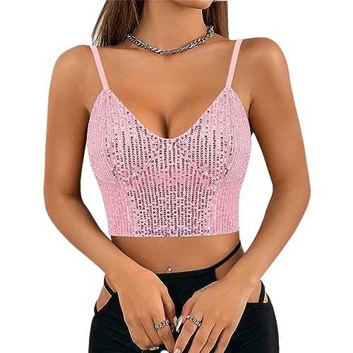 Naimo Women's Glitter Sequin Crop Top Sleeveless V-Neck Tank Tops Vest Sparkle Camisole Blouse Party Rave Tops