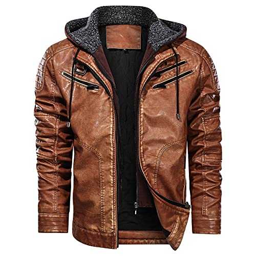 Men's Faux Leather Jacket Warm Black Motorcycle Bomber Jacket with Removable Hood