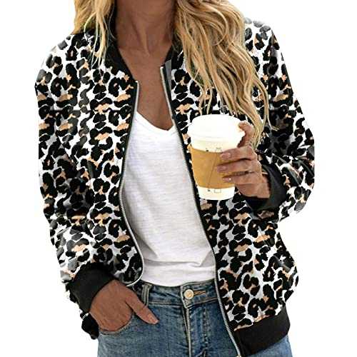 PAIDAXING Womens Jacket Open Front Zip Up Bomber Jackets Chic Round Neck Leopard&Floral Print Coat Ladies Casual Long Sleeve Pullover Colorblock Jackets Tops Blouse
