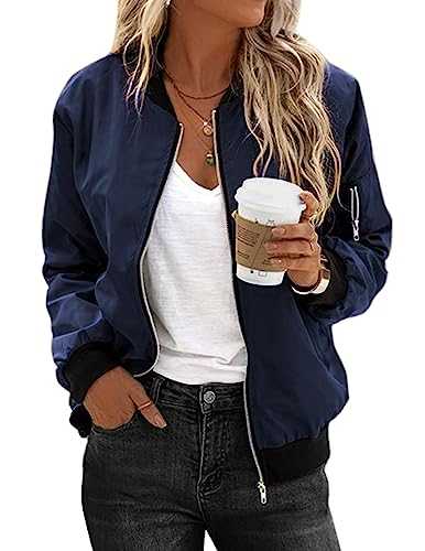 Zeagoo Bomber Jacket Women Lightweight Flight Jackets Long Sleeve Zip Up Casual Solid Quilted Coat with 2 Pockets