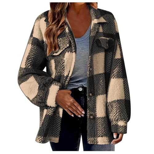 duxyoz Winter Coats For Women Uk Warm Flannel Shacke Plaid Jacket Button Down Fluffy Fuzzy Shirt Ladies Lapel Pocket Checked Tops Long Sleeve Casual Blouse Outwear Overcoat Cardigan