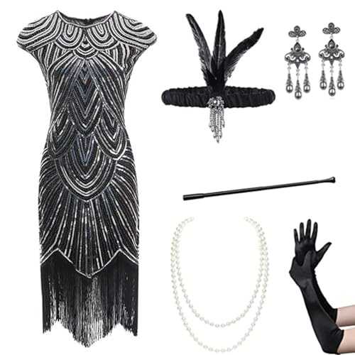 Gammify 1920s Women's Evening Dress V-Neck Sequins Beads Fringe Dress with 20s Accessories Set