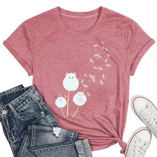 Cat Shirts for Women Flower Tee Shirts Womens Dandelion T-shirt Cute Dandelion Cat Graphic Print Shirts
