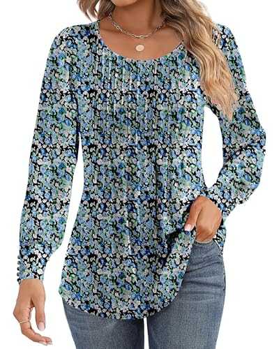 Cuptacc Long Sleeve Tops Women Ladies Tops Women's Tunic Pleated Blouse Puff Sleeve with Button Loose Fit Casual Crew Neck