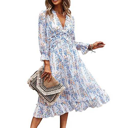 AILLOSA Women's Casual Long Sleeve V Neck Loose Floral Dress Long Dresses Swing Dress for Women