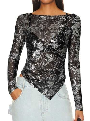 WLLW Women See Through Tops Sparkly Long Sleeve Boat Neck Mesh Top Sexy Sheer T-Shirt Layering Tops Clubwear