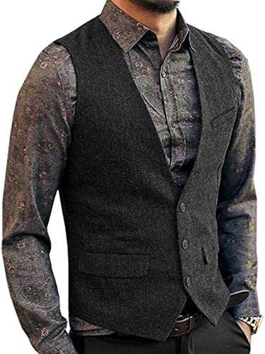 Zeattall Men's Herringbone Tweed Wool Suit Vest Single Breasted Slim Fit Waistcoat Vest