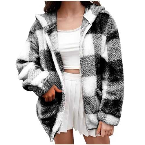 Fleece Jacket Women Plus Size Sale Clearance Winter Fall Jacket Teddy Fleece Lined Full Zip Peacoats Plaid Lapel Casual Coats Y2K Shirt Jackets Basic Tops Long Sleeve Tops for Womens Teen Girls