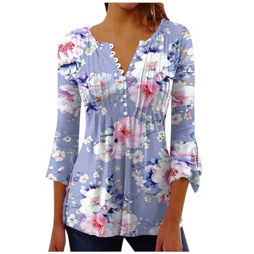 AMhomely Blouses for Women UK Elegant 3/4 Sleeve Tunic Tops Vintage Floral Tees Shirts Flare Sleeve Pullover Shirts Daily Wear Loose Comfort Tees Shirts Three Quarters Blouse Going Out