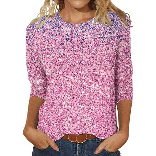 Womens 3/4 Sleeve Sequin Tops Casual Trendy Crewneck Floral Printed Tee Shirts Summer Glitter Sparkly Concert Tshirts Blouses