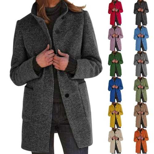 Winter Coats for Women UK Clearance,Button Down Mid-Length Pea Coat,Oversized Trench Woollen Jackets,Trendy Stand Collar Overcoats with Pockets,Ladies Warm Soild Color Elegant Cardigans