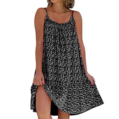 Skang midi Dresses for Women UK Women Casual Floral O Neck Ruffle Hem Spaghetti Strap Sleeveless Short Dress Beach Dress Plus Size Swing Dress