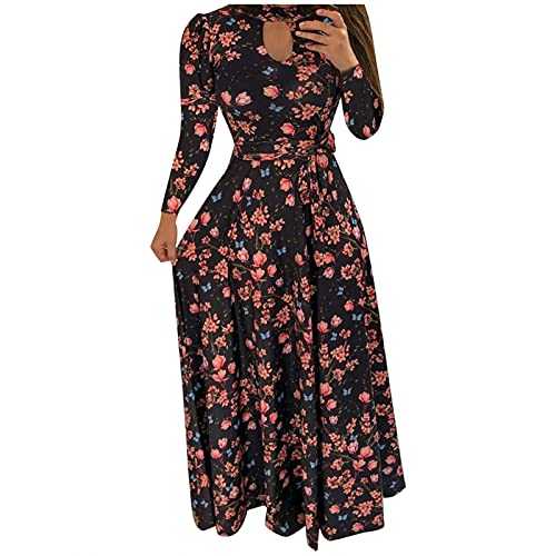 AMhomely Women Dresses Sale Clearance Ladies Long Sleeve Bandage Print O-Neck Button Down Casual Long Dress Bodycon Dress Office Wear for Casual Club Cocktail Evening Gowns Work UK Size 8-26