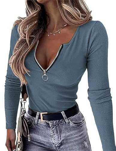 OwnTime Womens Sexy Tops Long Sleeve Henley Shirts Fitted Low Cut Tops Ribbed Zipper V Neck Cleavage Fall Shirts Blouses