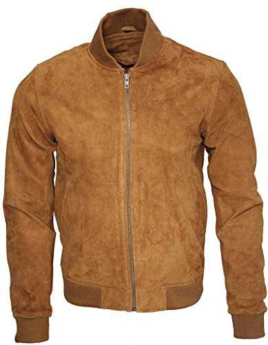 Mens Retro Tan Goat Suede Leather Bomber Varsity Jacket