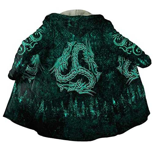 Viking Men Hooded Cloak Ravens Odin 3D Printing Winter Warm Faux Cashmere Coat Mid-Length Casual Unisex Jacket