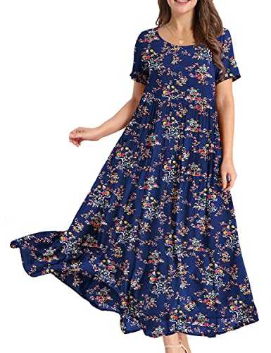 YESNO Women Dresses Casual Plus Size Bohemian Short Sleeve Floral Long Maxi Summer Beach Swing Dress/Pockets EJFUK