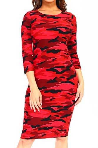 ICONOFLASH Women's 3/4 Sleeves Midi Bodycon Dress Crew Neck Fitted Dresses with Plus Size Options