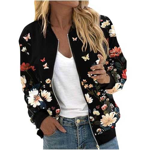 ANHATUIV Womens Sport Jacket Sale Floral Bomber Jacket Jacquard Print Lightweight Zip Up Long Sleeve Sportswear Tops Long Sleeve Hoodless Outwear Casual Sweatshirts Jacket Leisure Coats