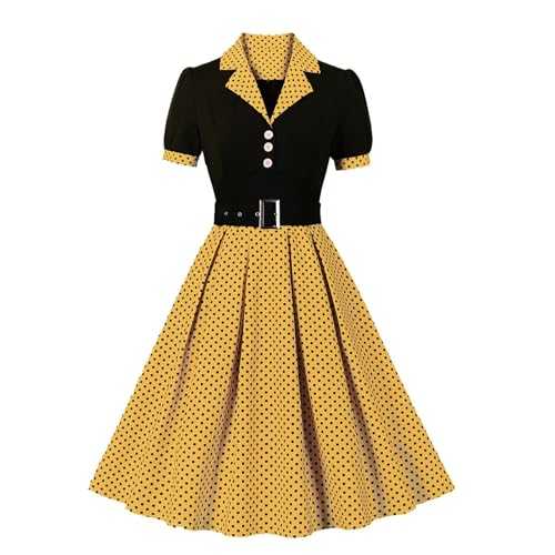 WLHBF Maxi Dress Short Sleeve Party Swing Costume 1950s Polka Dot Dress Casual A Line Work Dress with Belt Womens Summer Dresses Casual Knee Length
