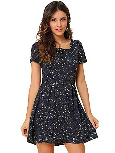 Allegra K Women's Printed Casual Square Neck Short Sleeve Fit and Flare Dress