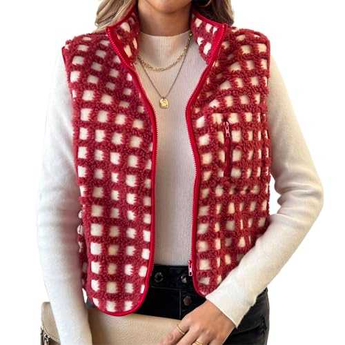 Yassiglia Women's Fuzzy Checkered Vest Sleeveless Zip Up Vest Jacket for Fall Spring Y2K Sleeveless Cardigan Outerwear Vests