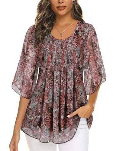 Akiooue Womens Blouse Ruffle Sleeve Pleated Tunic Tops Loose Flowy Chiffon Top Ladies Crew Neck Double Layers Mesh Shirts S-3XL