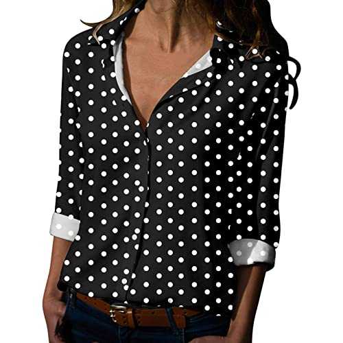 Long Sleeve Shirts for Women Polka Dots V Neck Button Down Loose Fit T Shirts Tops Basic Elegant Tunic Tops Comftable Baggy Curved Hem Tee Tops for Casual Work Shopping Outgoing