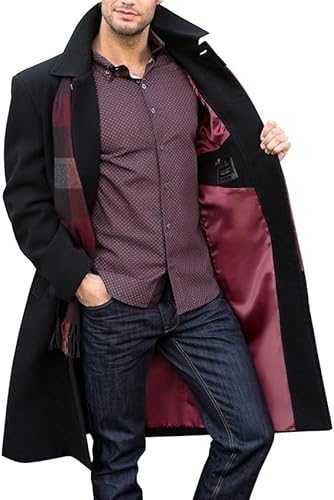 Men's Black Wool Overcoat Single Breasted Winter Coat Mod Covert with Red Lining