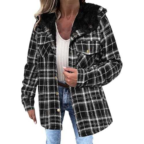 Teddy Fleece Coat Women's Winter Fluffy Warm Hooded Jacket Vintage Checked Cardigan with Buttons Casual V-Neck Long Sleeve Plush Jacket Outerwear Winter Coat