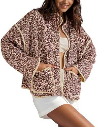 Aokivvy Womens Quilted Lightweight Jackets Floral Print Cropped Puffer Jacket Open Front Cardigan with Pockets Winter Coats