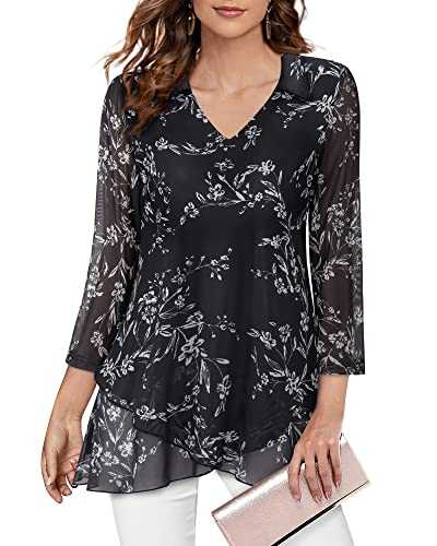 BAIKEA Women V Neck 3/4 Sleeve Tunic Tops Lapel Mesh Blouse Double Layers Cross Hem Shirts